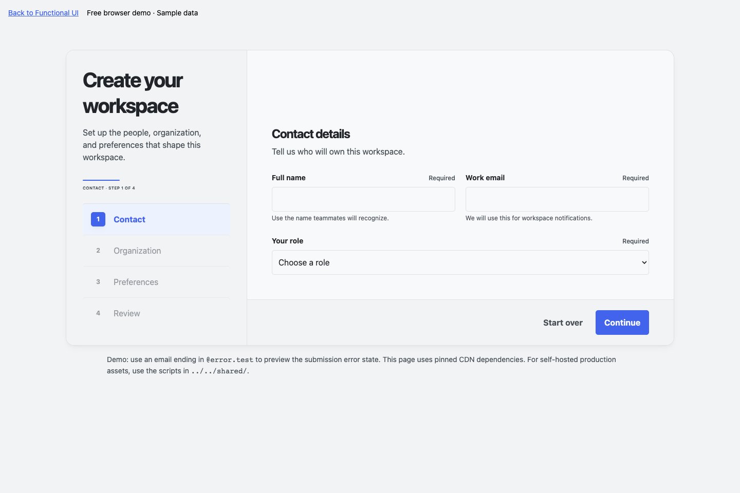 Advanced Form showing the contact details step of workspace setup