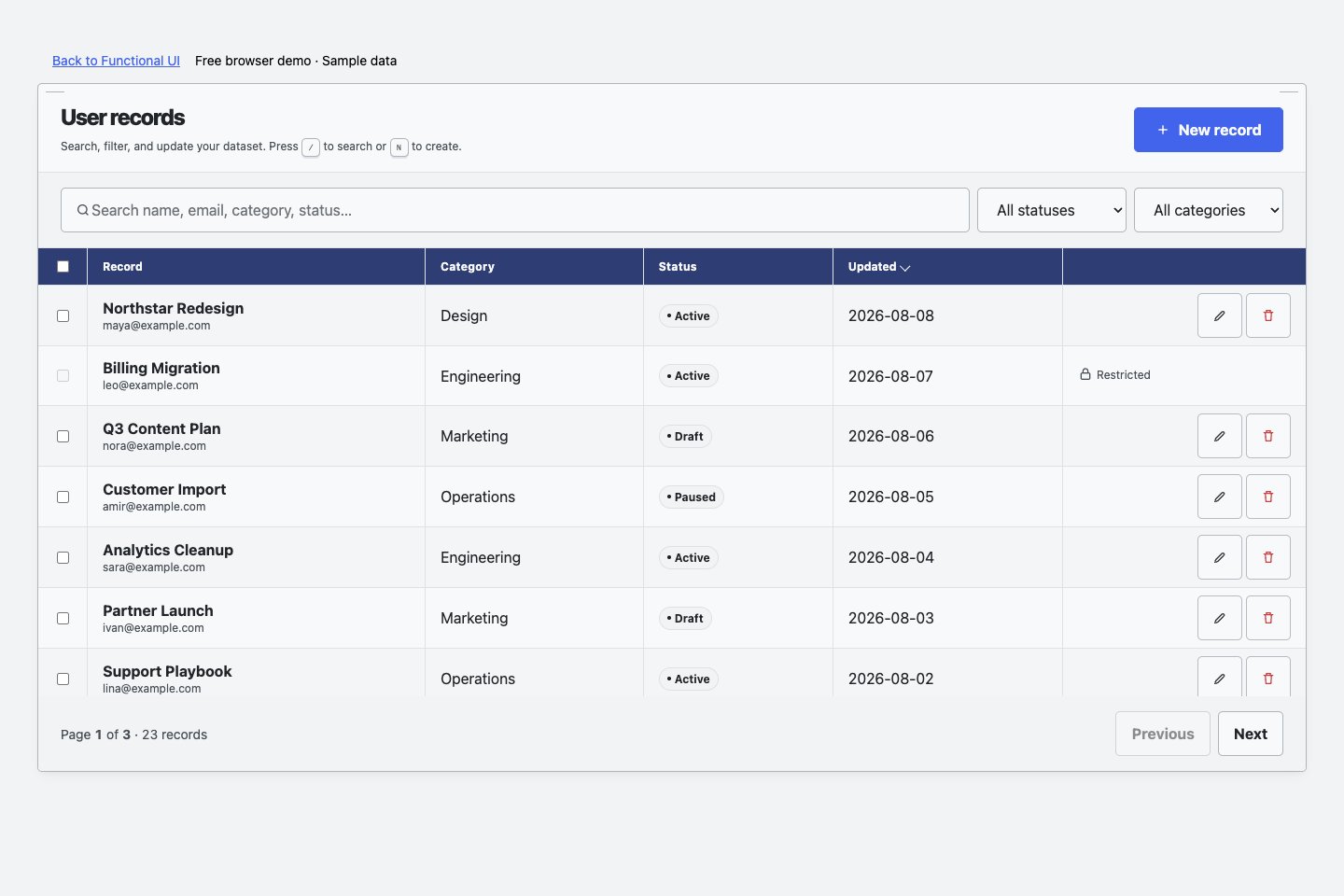 CRUD Manager with searchable records, filters, and edit actions